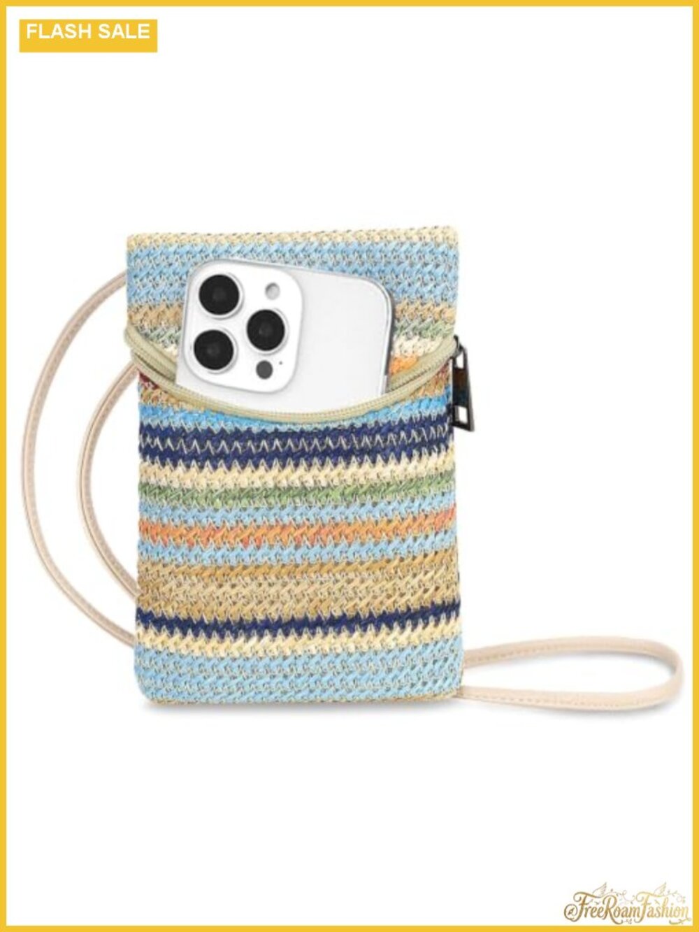 Straw Woven Crossbody Phone Purse Wallet Bag Adjustable Strap Zipper Pockets